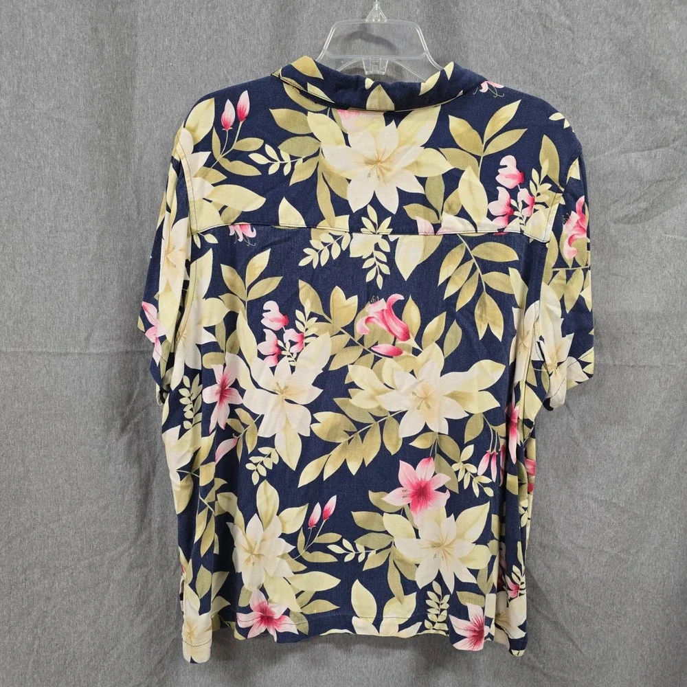 Havana Jacks Cafe Woman 1X Tropical Floral Rayon Button Shirt Navy Pink - Picture 2 of 5